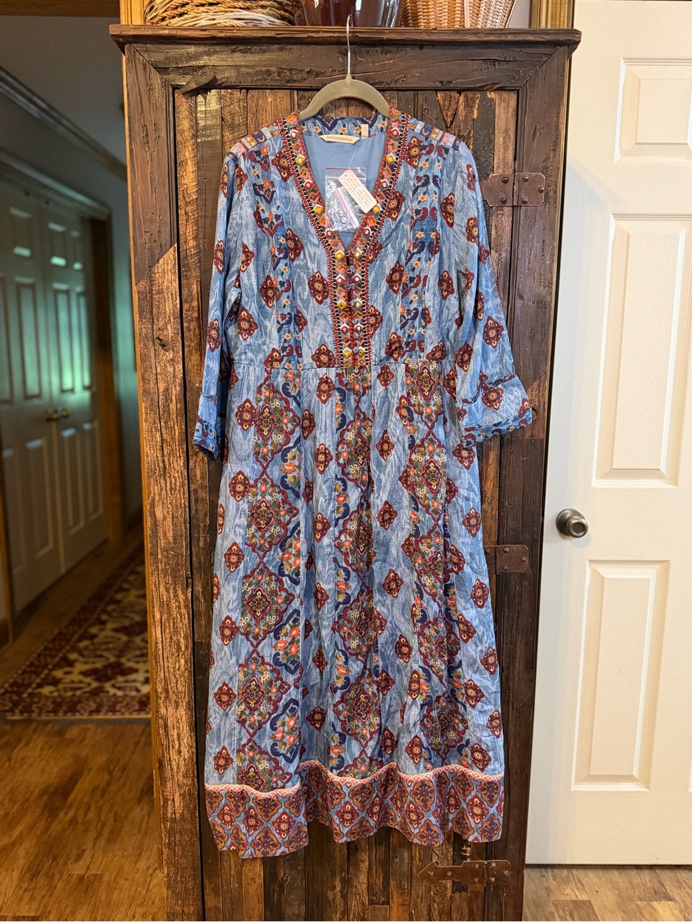 Soft Surroundings PM Blue Baroque Floral Beaded embroidered Boho Maxi Dress